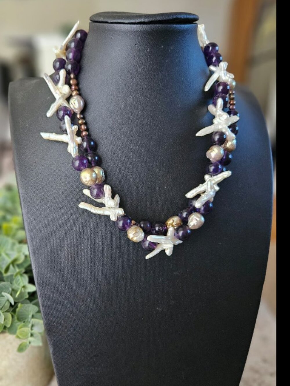 Genuine Amethyst & Freshwater Pearl Statement Necklace - Cross Pearl Design